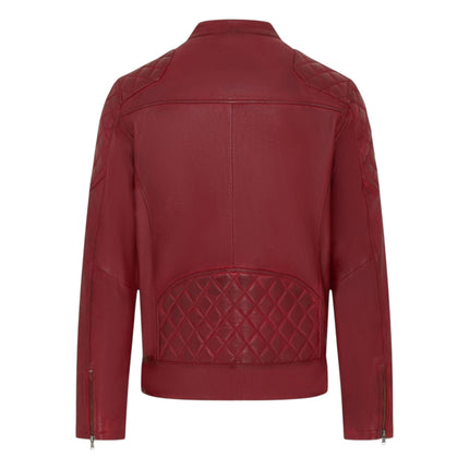 Mens Red Leather Quilted Shoulder Biker Jacket - Rock