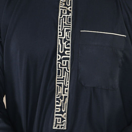 Mens Black Thobe Jubba Emirati Islamic Arabic Eid Embroidery Kaftan Jubbah Robe