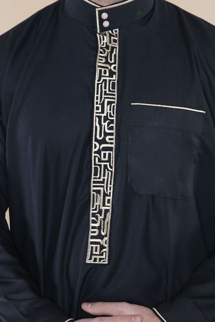 Mens Black Thobe Jubba Emirati Islamic Arabic Eid Embroidery Kaftan Jubbah Robe