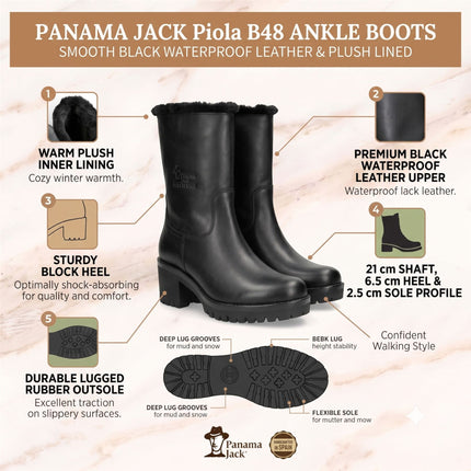 Panama Jack Women's Black Leather Waterproof Warm Heeled Boots - Piola B48