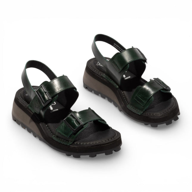 Fly London Women's HEIF558FLY Petrol Green Leather Wedge Buckle Sandals