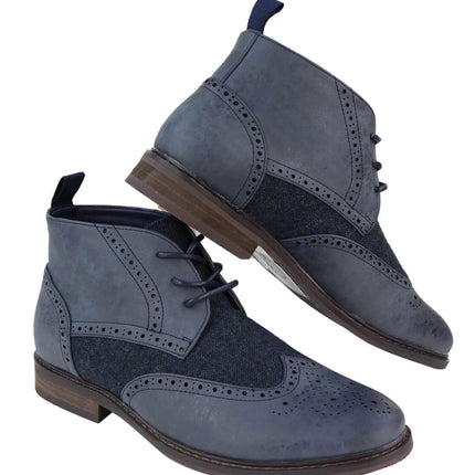 Mens Classic Tweed Oxford Brogue Ankle Boots In Blue Leather