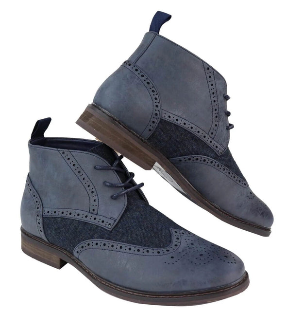Mens Classic Tweed Oxford Brogue Ankle Boots In Blue Leather