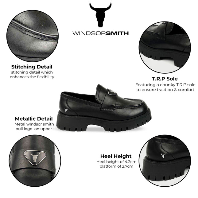 Windsorsmith Womens Black Leather Platform Chunky Loafers Shoes - Throne