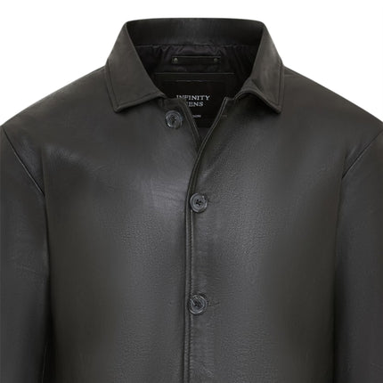 Men's Black Leather Long Collared Car Coat Jacket - Berry