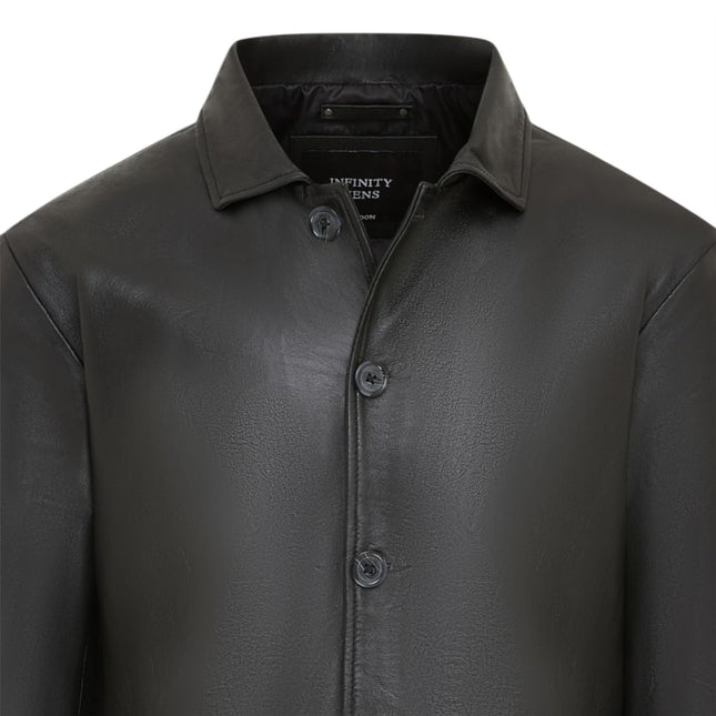 Men's Black Leather Long Collared Car Coat Jacket - Berry