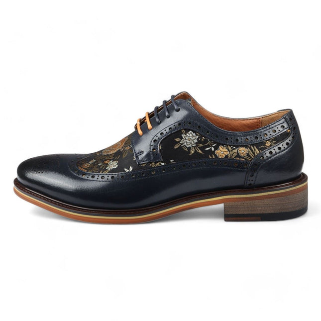 Justin Reess Men's Navy Blue Leather Floral Print Brogue Dress Shoes - Ross