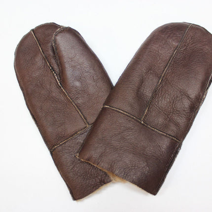 Unisex Brown Real Sheepskin Leather Shearling Gloves Warm Mittens