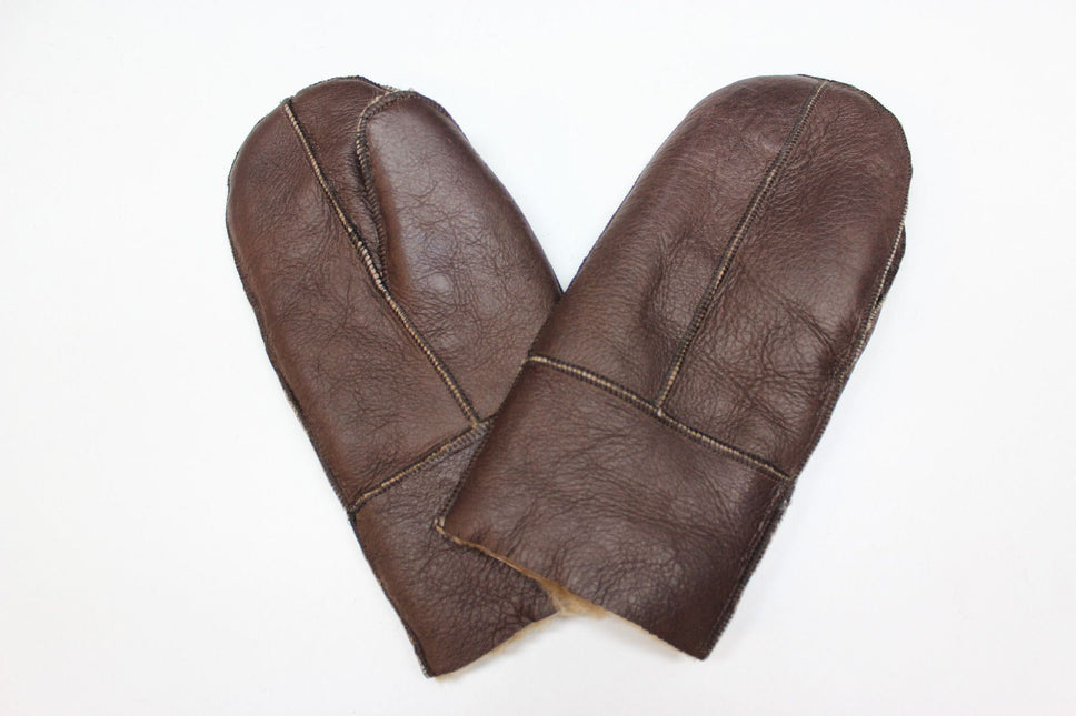Unisex Brown Real Sheepskin Leather Shearling Gloves Warm Mittens