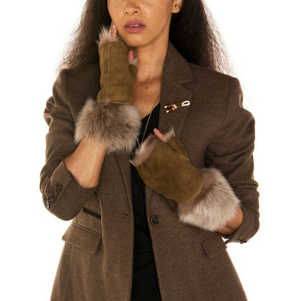 Womens Shearling  Mittens Fingerless Cuffs Toscana Suede Sheepskin Fur