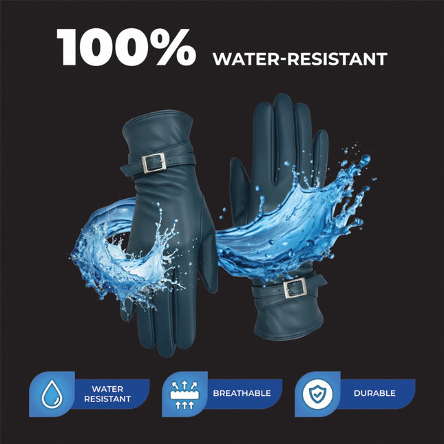 Womens Teal Green Italian Leather Winter Buckle Soft Wool Lining Gloves - L-GLV-601