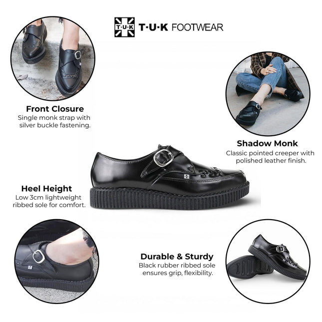 TUK Pointed Creeper Black Leather Monk Buckle Platform Shoes - A8520