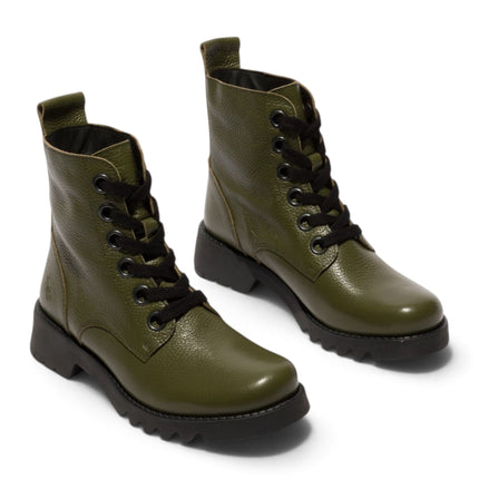 Fly London Womens Military Green Leather Lace-Up Heeled Ankle Boots - RAMY488