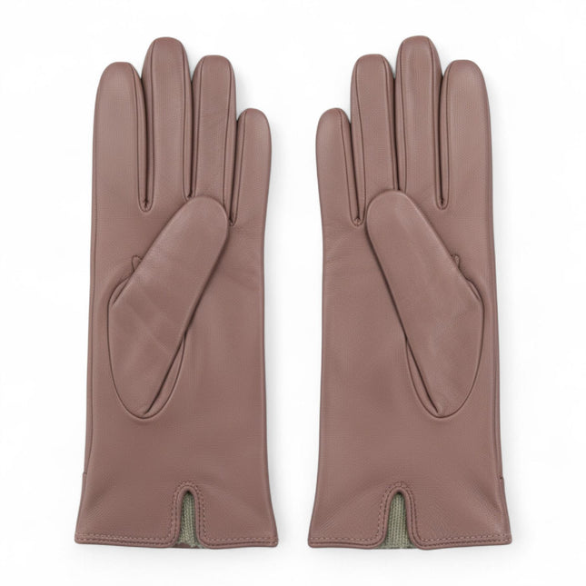 Womens Nude Beige Italian Leather Winter Button Design Soft Wool Lining Gloves - L-GLV-501
