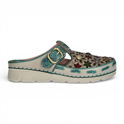 Laura Vita Women’s Dorry 01 Floral Blue Leather Wedge Slipper Sandals