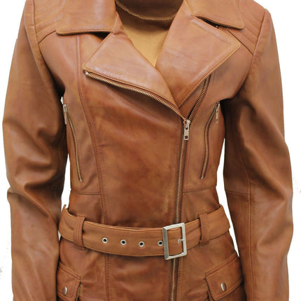 Womens Long Leather Biker Jacket-Quito