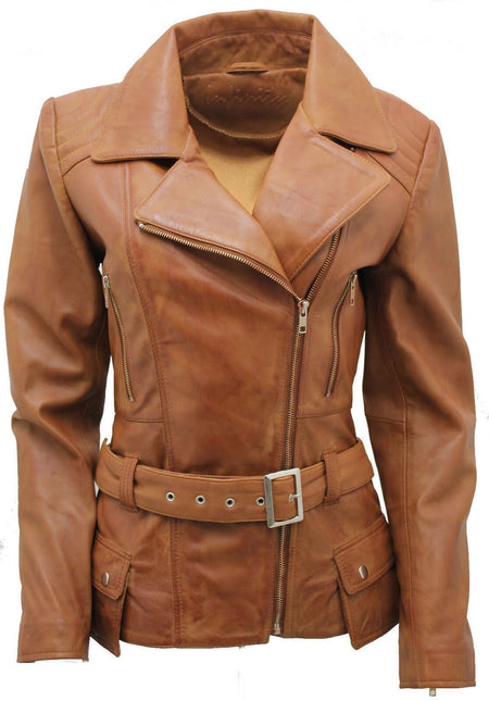 Womens Long Leather Biker Jacket-Quito