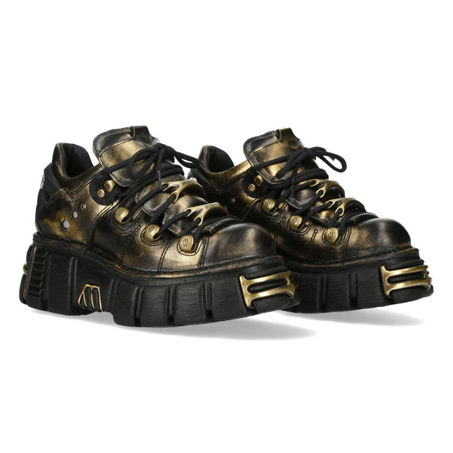 New Rock Golden Black Leather Gothic Platform Ankle Boots - M-120N-C21