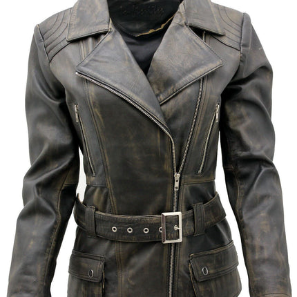 Womens Long Leather Biker Jacket-Quito