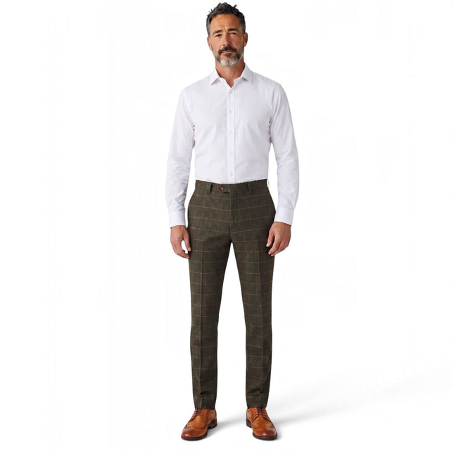 Men's Green Tweed Herringbone Check Trousers - Harris