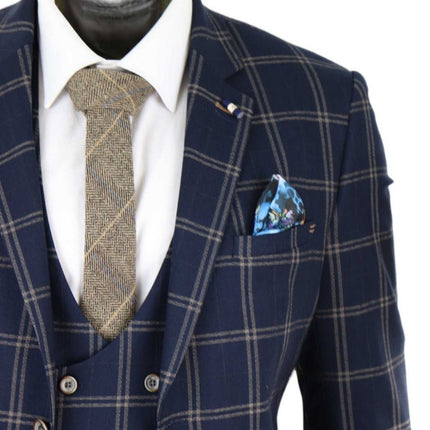 Mens 3 Piece Navy Blue And Tan Check Tweed Retro Classic Suit