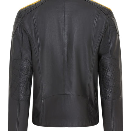 Men's Classic Quilted Black Yellow Leather Biker Jacket - Meridian