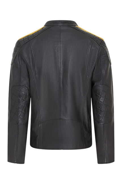 Men's Classic Quilted Black Yellow Leather Biker Jacket - Meridian