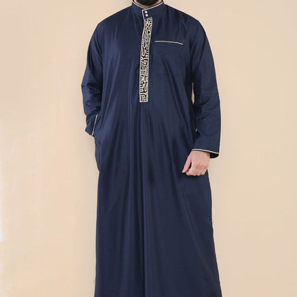 Mens Navy Thobe Jubba Emirati Islamic Arabic Eid Embroidery Kaftan Jubbah Robe