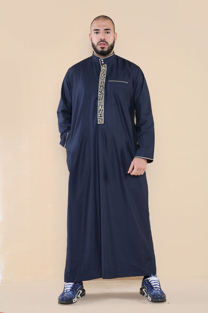 Mens Navy Thobe Jubba Emirati Islamic Arabic Eid Embroidery Kaftan Jubbah Robe