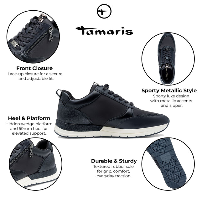 Tamaris Womens Navy Blue Fashion Lace-Up Zipped Sneakers Trainers