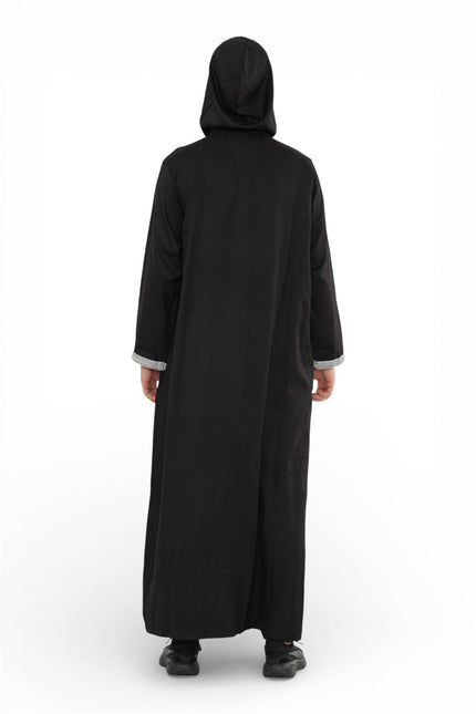 Men's Eid Black Hooded Moroccan Thobe Robe Djellaba Gandoura Ramadan Jubba- HM3
