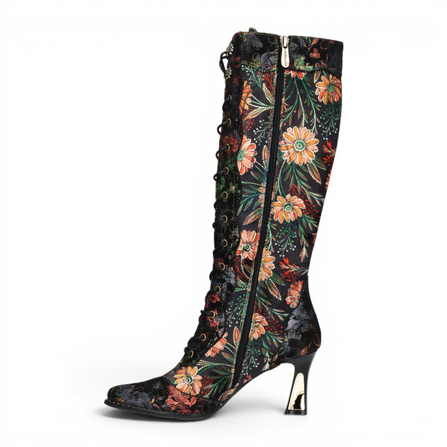 Laura Vita Women's Black Victorian Floral Leather Knee-High Heeled Boots - Oanelo-02