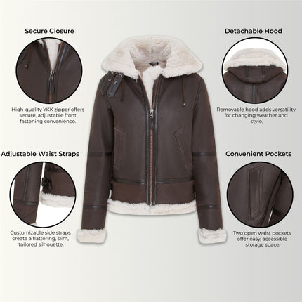 Womens Creck Brown Hooded Sheepskin Flying Leather Jacket-Palermo