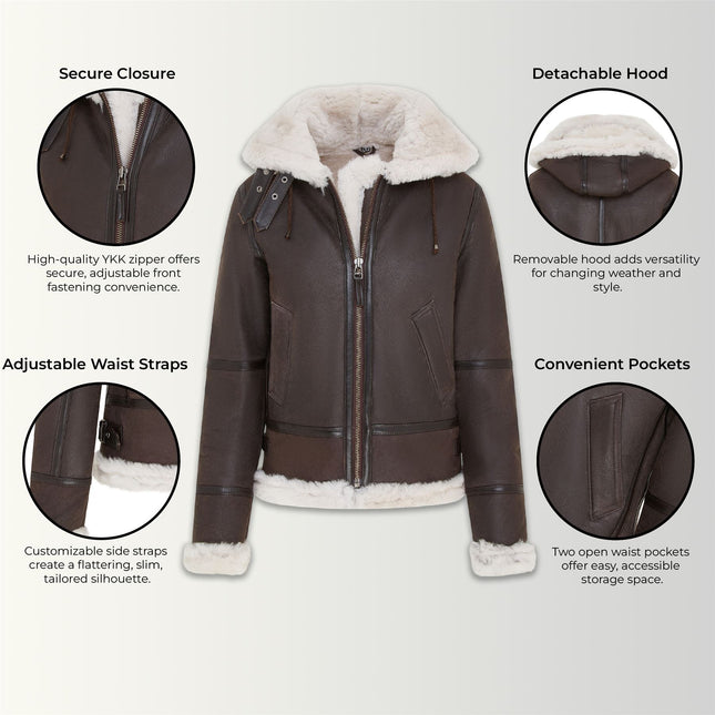 Womens Creck Brown Hooded Sheepskin Flying Leather Jacket-Palermo