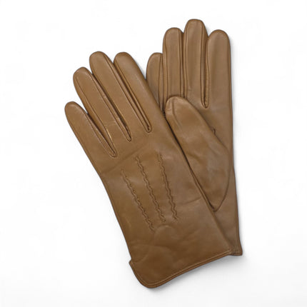 Womens Tan Brown Italian Leather Winter Stitch Line Design Soft Wool Lining Gloves - L-GLV-301