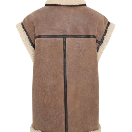 Womens Brown Aviator Shearling Sheepskin Leather Gilet Waistcoat