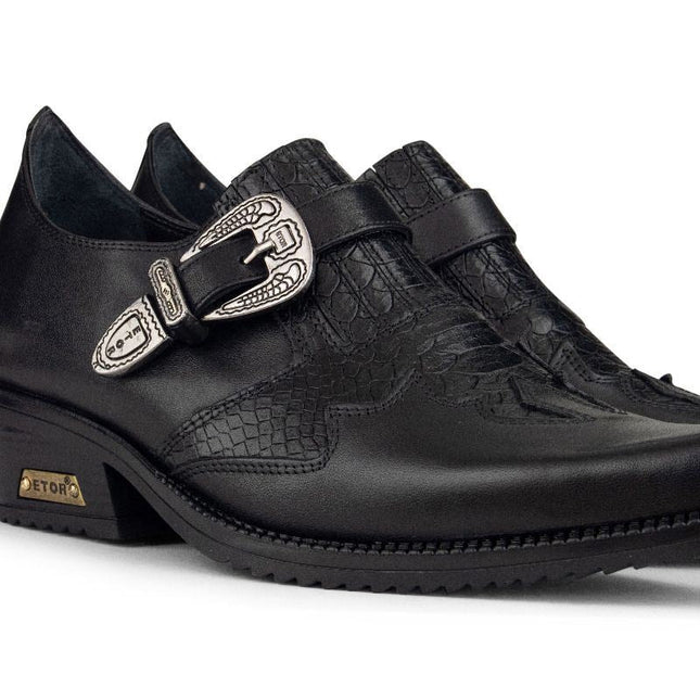Men's Black Leather Winklepickers Cowboy Cuban Biker Boots