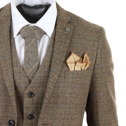 Mens 3 Piece Brown Tweed Check Vintage Retro Suit