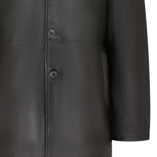 Men's Black Leather Long Collared Car Coat Jacket - Berry