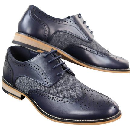 Mens Classic Oxford Tweed Brogue Shoes In Navy Leather