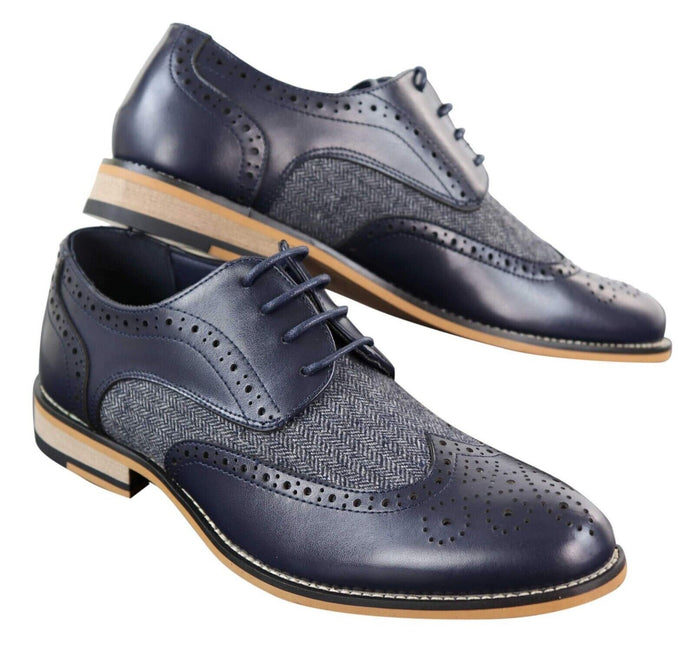 Mens Classic Oxford Tweed Brogue Shoes In Navy Leather