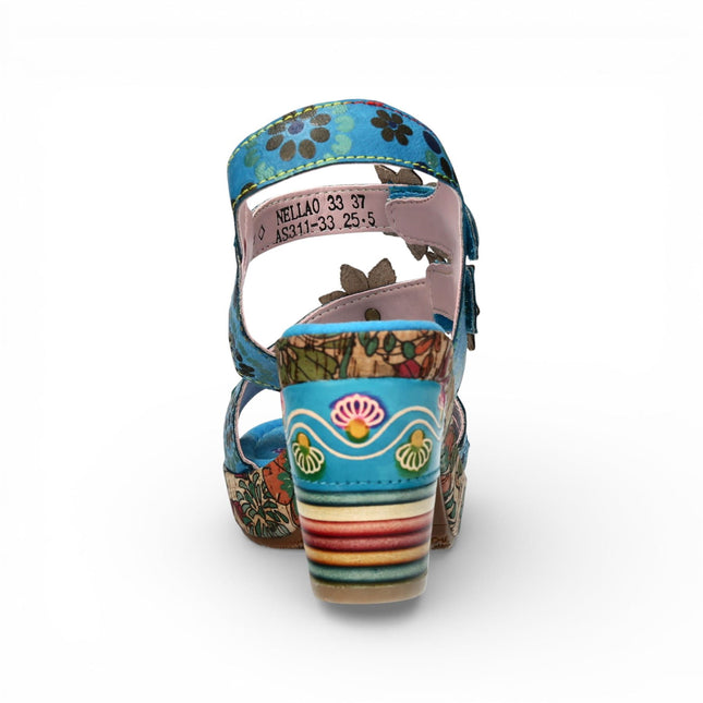 Laura Vita Women's Nellao 33 Blue Floral Leather Wedge Heel Espadrille Sandals