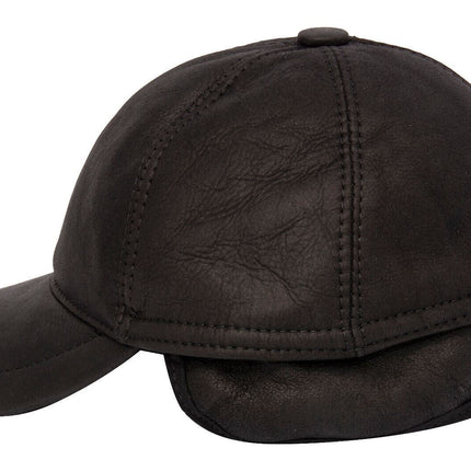 Mens Real Sheepskin Baseball Cap Black Leather Shearling Snapback Winter Hat