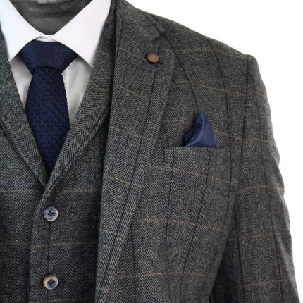 Mens 3 Piece Charcoal Grey Check Tweed Herringbone Vintage Classic Suit