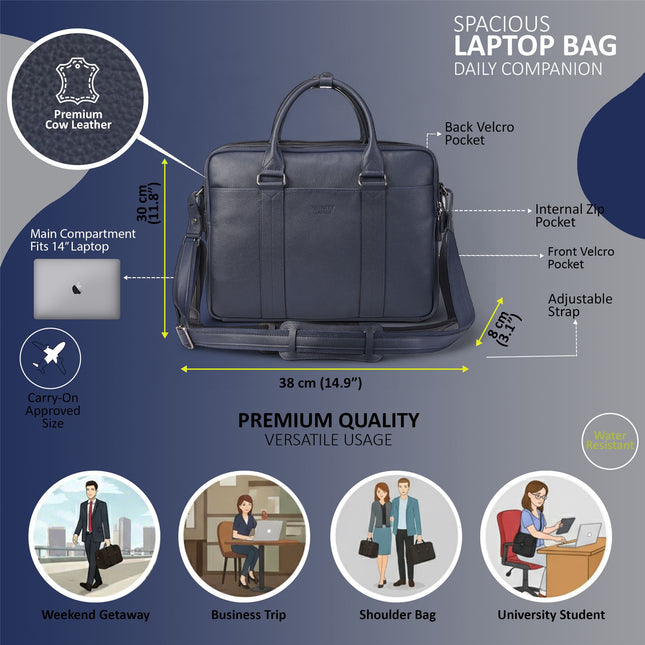 Genuine Leather Navy Laptop Business Briefcase Office Work Travel Bag - Sutton