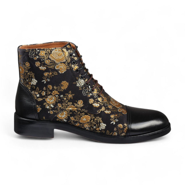 Justin Reess Men's Black Floral Print Leather Oxford Ankle Boots - Adam