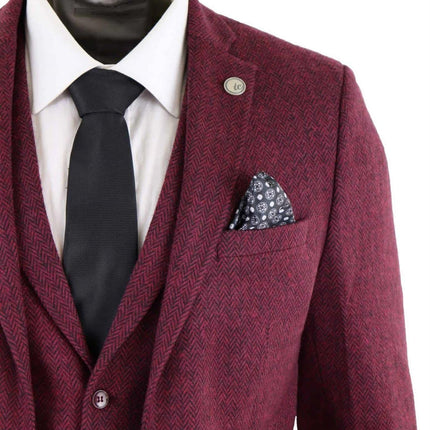 Mens 3 Piece Wine Herringbone Wool Tweed Retro Suit