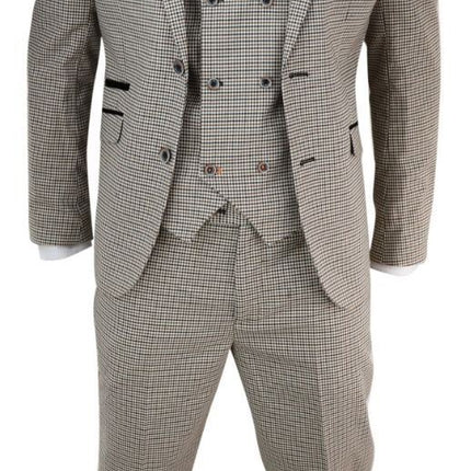 Mens 3 Piece Beige Check Retro Vintage Classic Suit