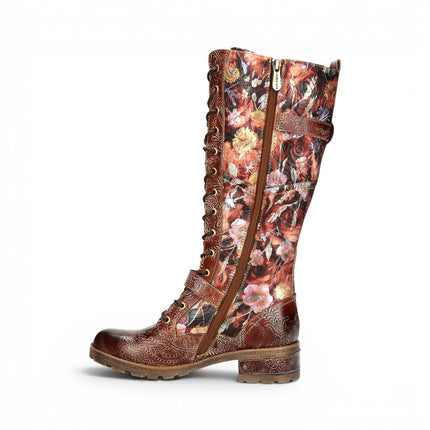 Laura Vita Women's Victorian Floral Maroon Leather High Lace-Up Long Boots - Cocrailo-82