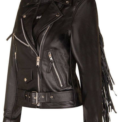 Women's Black FRINGE Leather Brando TASSELED Motorcycle Cow Hide Biker Jacket